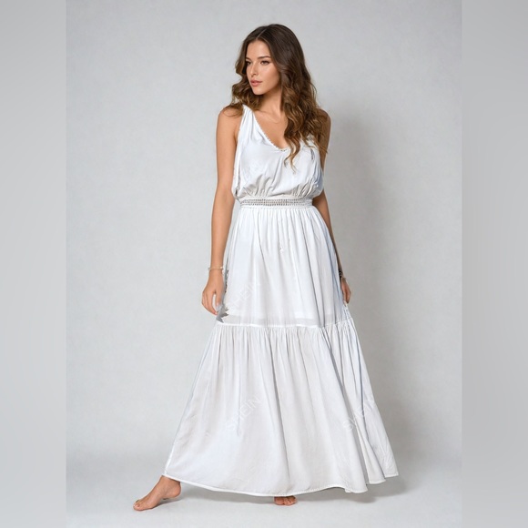 White Boho Lace Trim Knot Shoulder Ruffle Hem Cami Dress - Picture 2 of 7